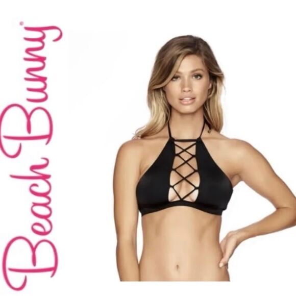 Beach Bunny Black Reese High Neck Halter Strappy Front Bikini Top Size Medium - Picture 2 of 7